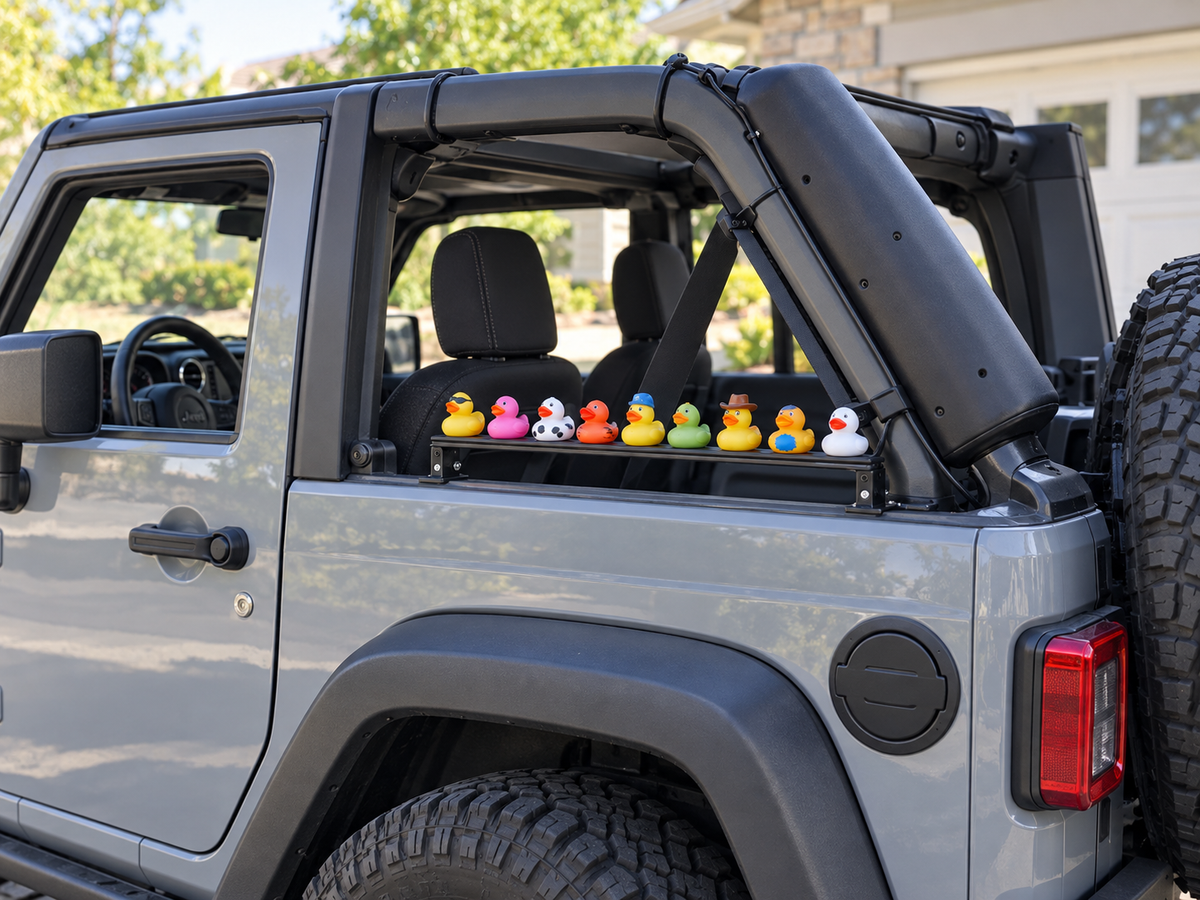 AI-generated visualization of a Lumi-Ducks side-window duck light bar on a two-door Jeep Wrangler